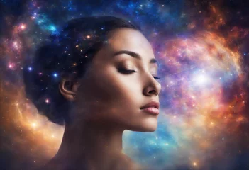 Fototapeten Double exposure portrait of a young woman close eye face with galaxy space inside head. Human inner peace, star light fire, life zen girl love, rpa ai concept. Elements of this image furnished by NASA © SR07XC3