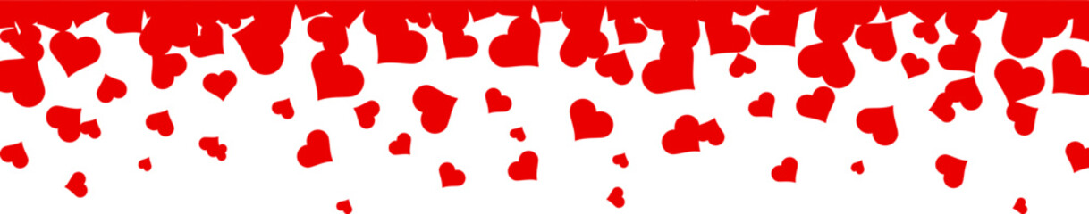 Seamless hearts border. Flying red hearts confetti. Valentine's Day background with a red falling hearts. Love concept. Hearts frame.