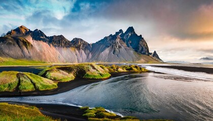 majestic summer scene of stokksnes headland with vestrahorn batman mountain on background unbelievable evening view of iceland europe beauty of nature concept background - obrazy, fototapety, plakaty