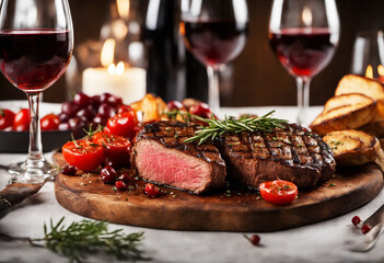 Romantic dinner for two with ribeye steaks and a bottle of red wine in a candlelit dining setting 