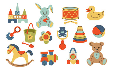 Various isolated toys for kids. Ball, drum, wooden train, bunny, rocking horse, teddy bear, toy blocks, rattles. Childhood, children games, preschool activities concept. Hand drawn vector set. - obrazy, fototapety, plakaty