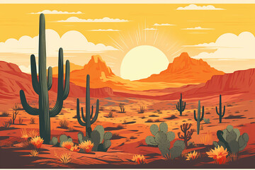American desert poster. Sunset. Cacti and mountains in red and yellow tones.