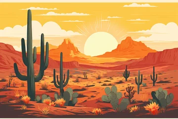Fototapeten American desert poster. Sunset. Cacti and mountains in red and yellow tones. © elenarostunova