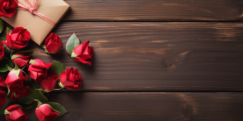 Red roses on a wooden background with a heartshaped envelope. Valentines day advertisement concept. Space for text