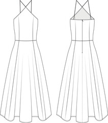 spaghetti strap halter neck flared long maxi midi a line dress template technical drawing flat sketch cad mockup fashion woman design style model