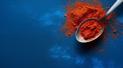 Ground Paprika powder in a silver spoon on  a blue background. Banner with copy space - obrazy, fototapety, plakaty