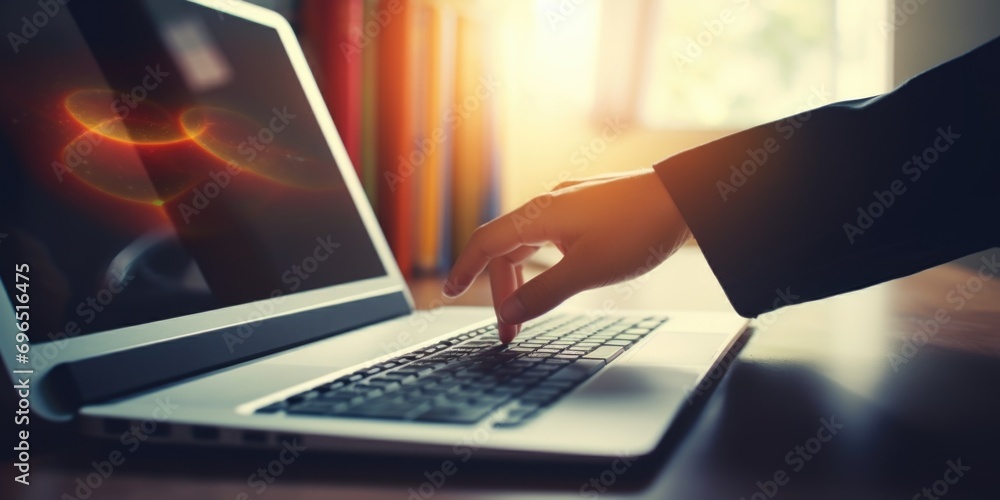 Aufkleber A person is seen using a laptop computer on a table. This image can be used to depict technology, work, or education
