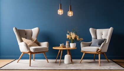 modern cozy living room with two chairs and little table on deep blue background generative ai