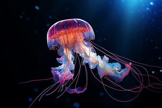 Bluish pinkish transparent glowing jellyfish in backlight on a dark blue background. Postcard.