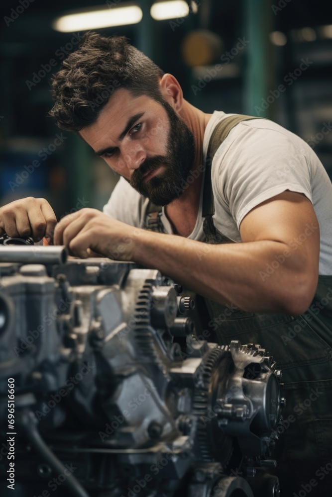 Poster a man is seen working on an engine in a factory. this image can be used to showcase manufacturing, i