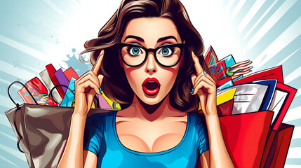 Amazed young sexy woman in glasses with shopping bags in comic style. Pop Art wow girl. Advertising poster with surprised female - obrazy, fototapety, plakaty