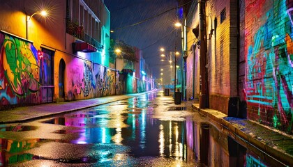 wet city street after rain at night time with colorful light and graffiti wall generative ai