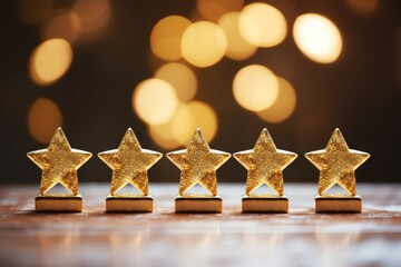 Five golden stars sitting on top of a wooden table. Perfect for award ceremonies and recognition events
