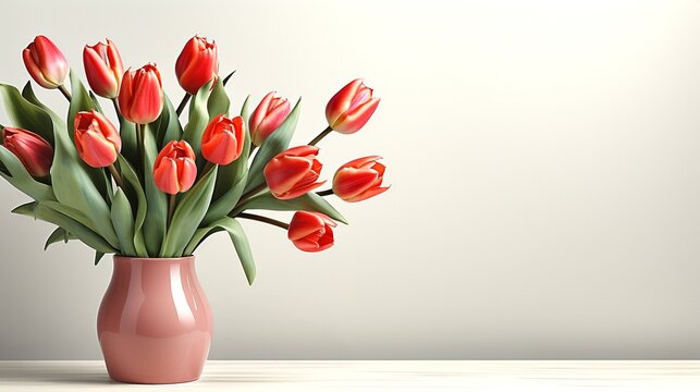 On a light table there is a pale pink vase with red tulips against a white wall, on the right there is an empty space for an inscription