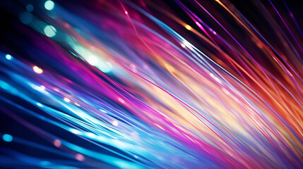 Fototapeta na wymiar A close-up macro image of multicolored vibrantly glowing optical fiber. Abstract neon lighting background