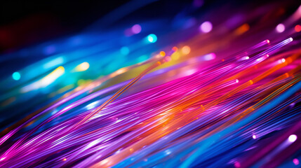 A close-up macro image of multicolored vibrantly glowing optical fiber. Abstract neon lighting background