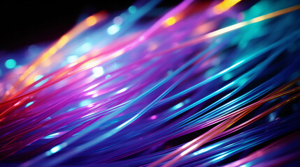 A close-up macro image of multicolored vibrantly glowing optical fiber. Abstract neon lighting background