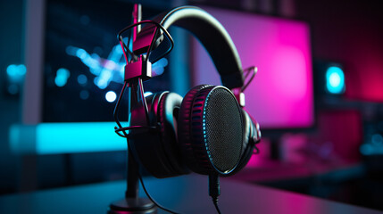 A close-up of a microphone and headphones for podcasting or ASMR sounds on black stand in a neon led lighting, cyan and magenta, in a sound recording studio - Powered by Adobe