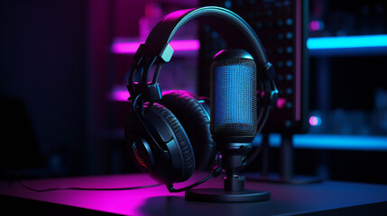 A close-up of a microphone and headphones for podcasting or ASMR sounds on black stand in a neon led lighting, cyan and magenta, in a sound recording studio