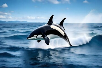 Fototapeta premium A magnificent orca breaching in the open ocean