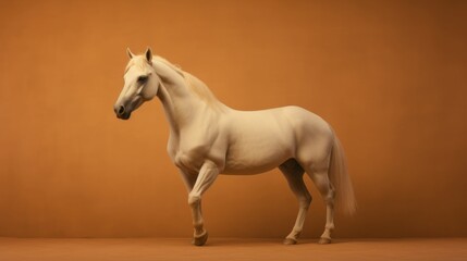 White albino horse with beautiful hairs and minimal brown background 