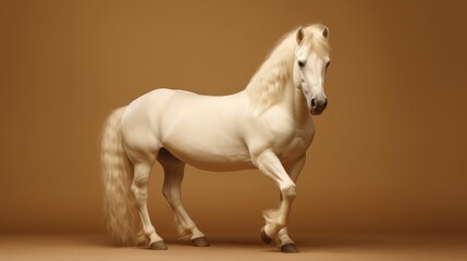 White albino horse with beautiful hairs and minimal brown background 