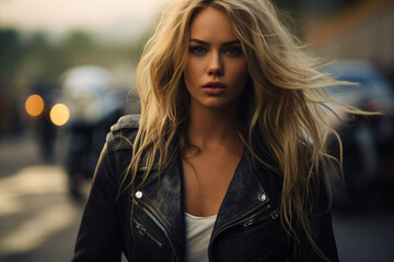 biker girl with flowing blonde hair and leather jacket
