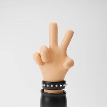 Rocker cartoon hand showing two fingers or victory gesture isolated over white background. 3d rendering.