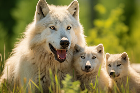 White wolf mother and two wolf cubs