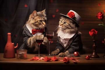 cat and cat celebrate Valentine's Day, romantic evening