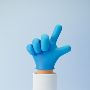 Doctor cartoon hand in medical glove showing two fingers or pointing gesture isolated over blue background. 3d rendering.