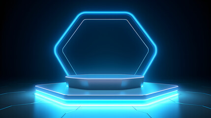 Beautiful futuristic technological light blue podium with light neon panels for product presentation