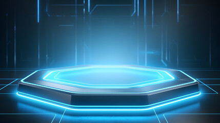 Beautiful futuristic technological light blue podium with light neon panels for product presentation