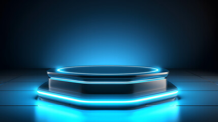 Beautiful futuristic technological light blue podium with light neon panels for product presentation