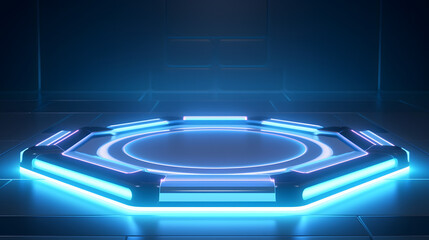 Beautiful futuristic technological light blue podium with light neon panels for product presentation