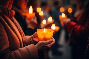 Hands Holding Candles With Gentle Burn At Candlelight Vigil - obrazy, fototapety, plakaty