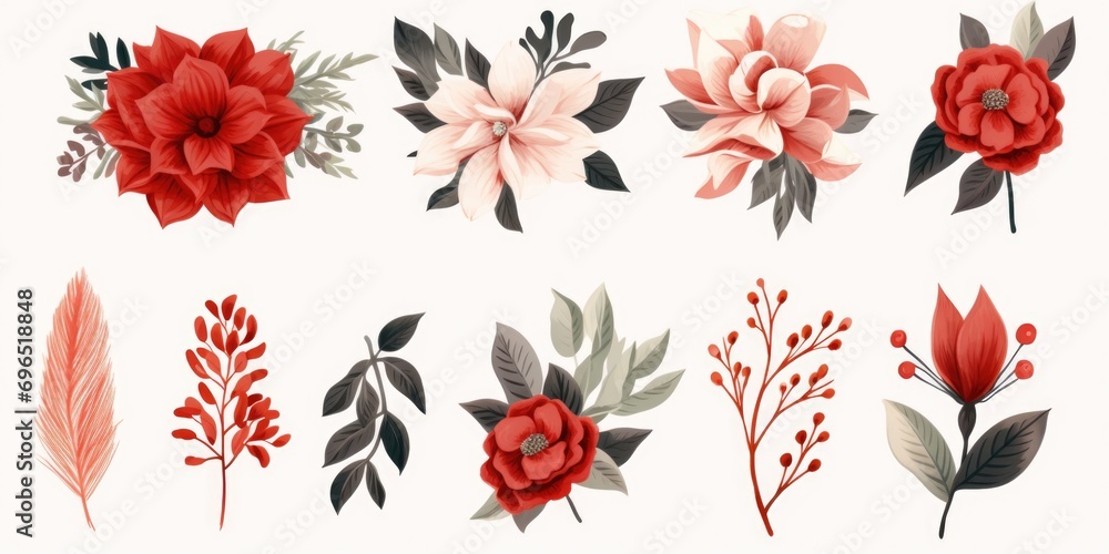 Poster a collection of flowers and leaves arranged on a white background. suitable for various design proje