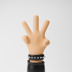 Rocker cartoon hand showing three fingers counting isolated over white background. 3d rendering.