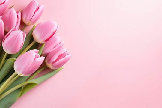 Soft And Inviting Spring Image: Pink Tulips On A Pink Background