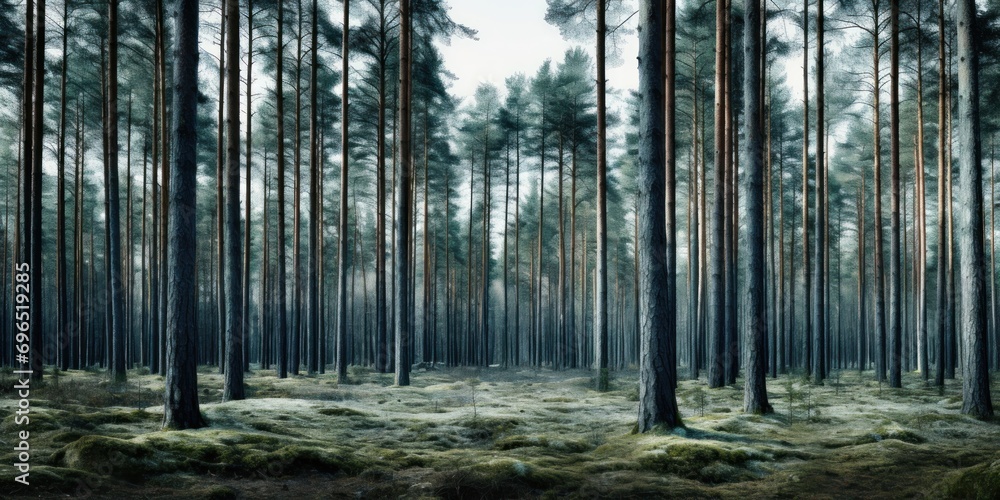 Poster mysterious forest landscape with fog and dark shadows, creating a magical and enchanting atmosphere 