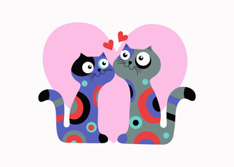 Bright multi-colored cartoon cats with hearts, cats in love. Valentine's Day postcard design. Cute happy couple of kittens. Vector illustration with isolated background.
