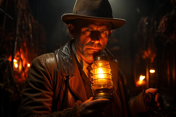 Illuminate the archaeologist's face with the warm glow of a torch as they uncover a hidden chamber, creating a cinematic and mysterious ambiance in a photo