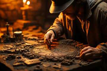 archaeologist piecing together fragments of an artifact like a puzzle, symbolizing the process of reconstructing history in a cinematic-style photo - obrazy, fototapety, plakaty
