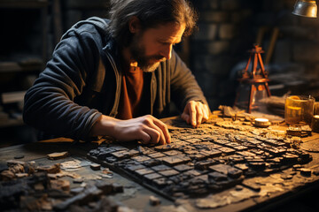 archaeologist piecing together fragments of an artifact like a puzzle, symbolizing the process of reconstructing history in a cinematic-style photo
