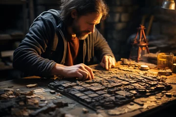 Fotobehang archaeologist piecing together fragments of an artifact like a puzzle, symbolizing the process of reconstructing history in a cinematic-style photo © forenna