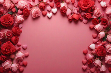 Pink festive background with roses and hearts. For a wedding or Valentine's Day
