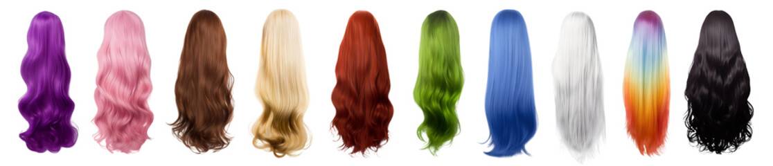 Long glamour HAIR set of various COLORS and HAIRSTYLES - premium collection of isolated transparent PNG background hair - full view - back view - isolated - nobody visible, only the hair