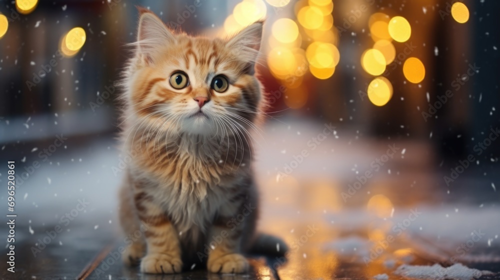 Poster a cat sitting on a wooden floor covered in snow. this picture can be used to depict a cozy winter sc