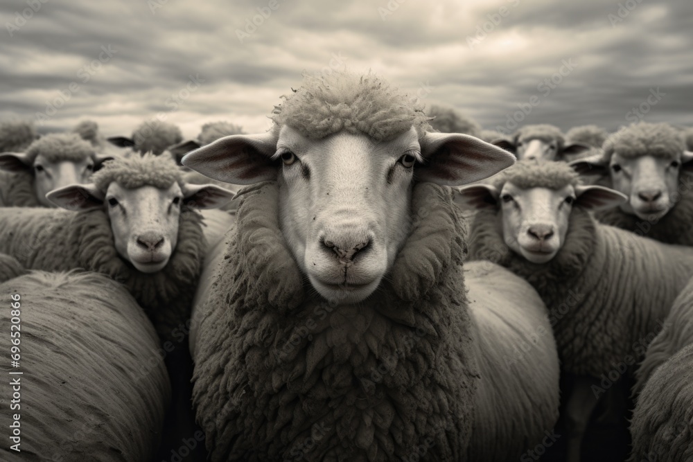 Poster a group of sheep standing closely together. perfect for illustrating unity and teamwork