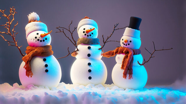 Tr&ecirc;s bonecos de neve com touca e cachecol em uma noite gelada de inverno.